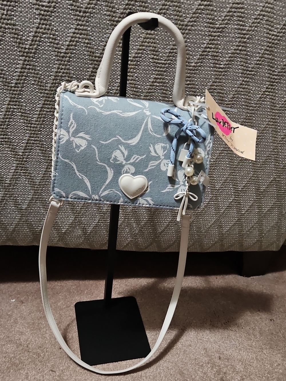 Luv Betsey By Betsey Johnson XOEVIE Denim Blue/White Crossbody Purse With Bows